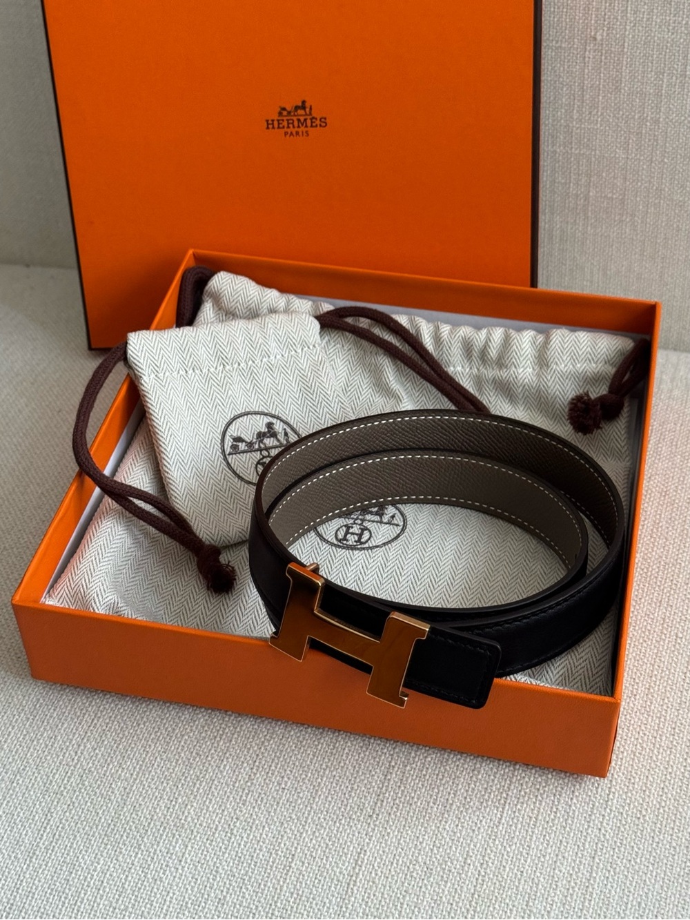 Hermes Reversible Black / Taupe Leather Belt with Gold H Buckle (Size 65)